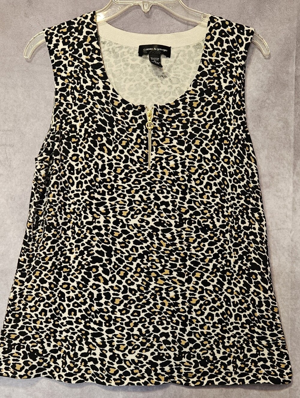 Cable Gauge Animal Leopard Print Sleeveless Top Tank XL Gold Quarter Zip